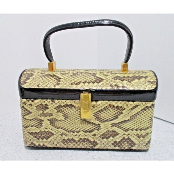 *Vintage Saks 5th Ave Taupe Beige Python Genuine Leather Top Handle Box Bottom